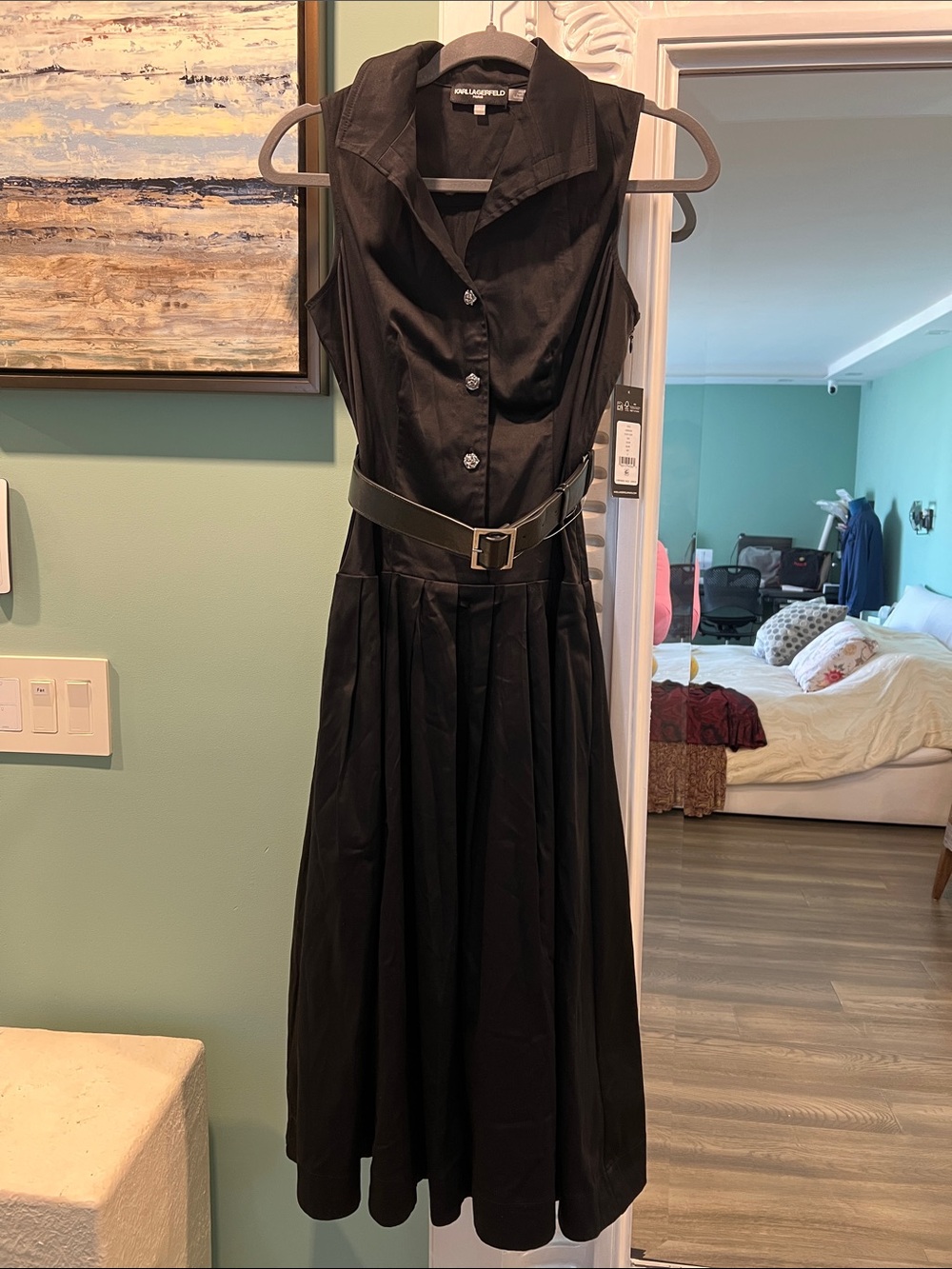 Karl Lagerfeld Black Sleeveless Collared Belted Midi Dress